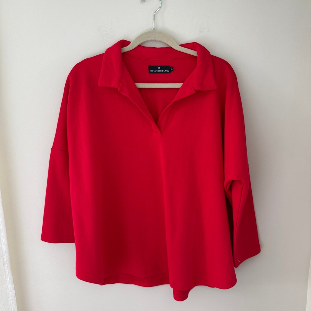 Pomander Place Red V-Neck Polo Sweatshirt Oversized Collared Pullover M/L